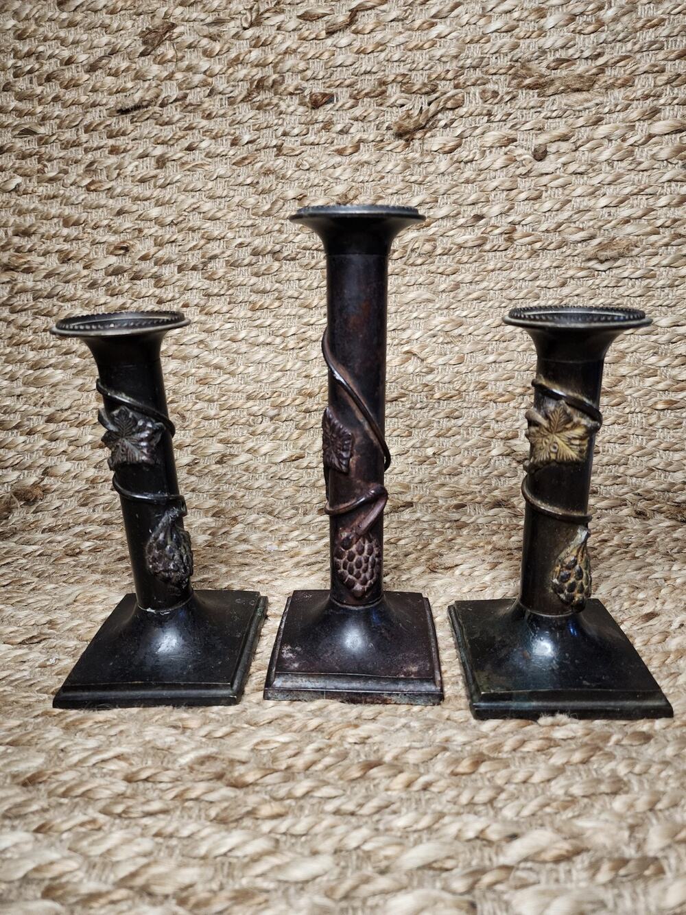 3 Vintage Traditional Italian Cast Iron Bronze Grapevine Candlestick Holders
